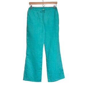 NWOT Gold Heart Wide Leg Pants Sz.M Teal Blue 100% Linen Drawstring Vacation
